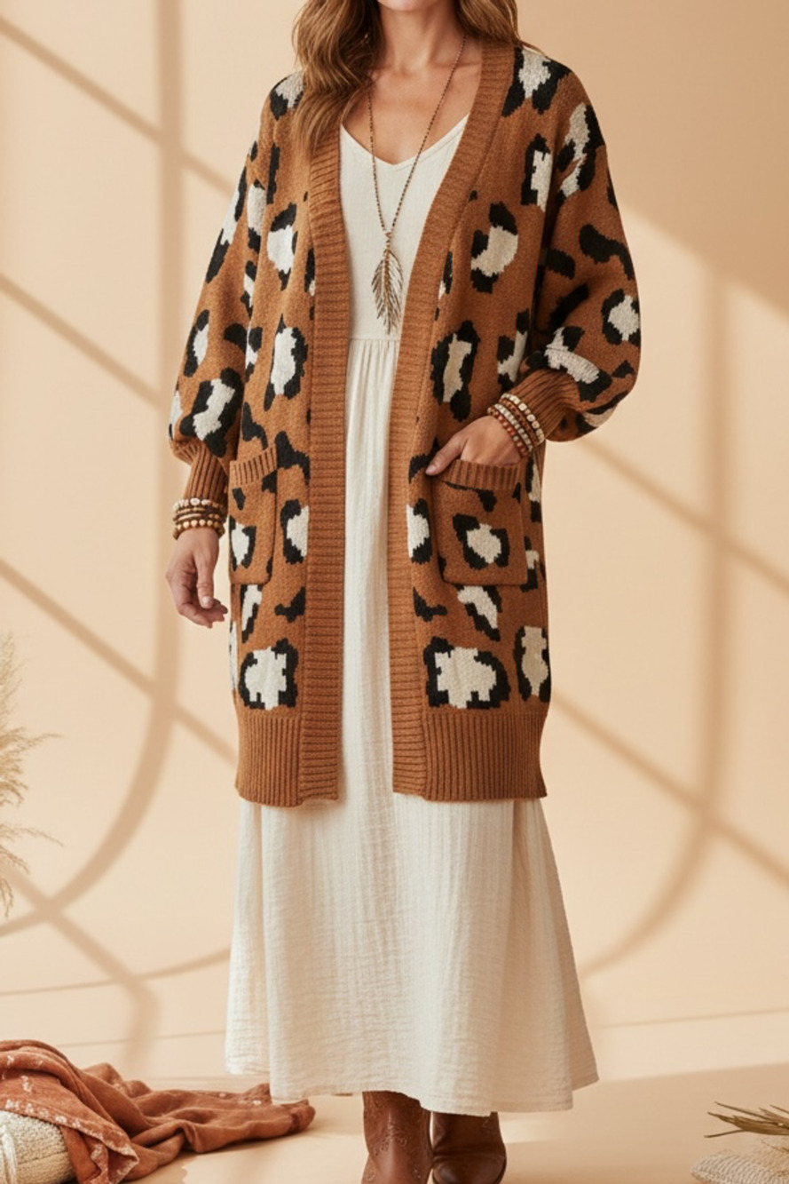 Very J Leopard Print Cardigan Size L Brown Knit Sweater